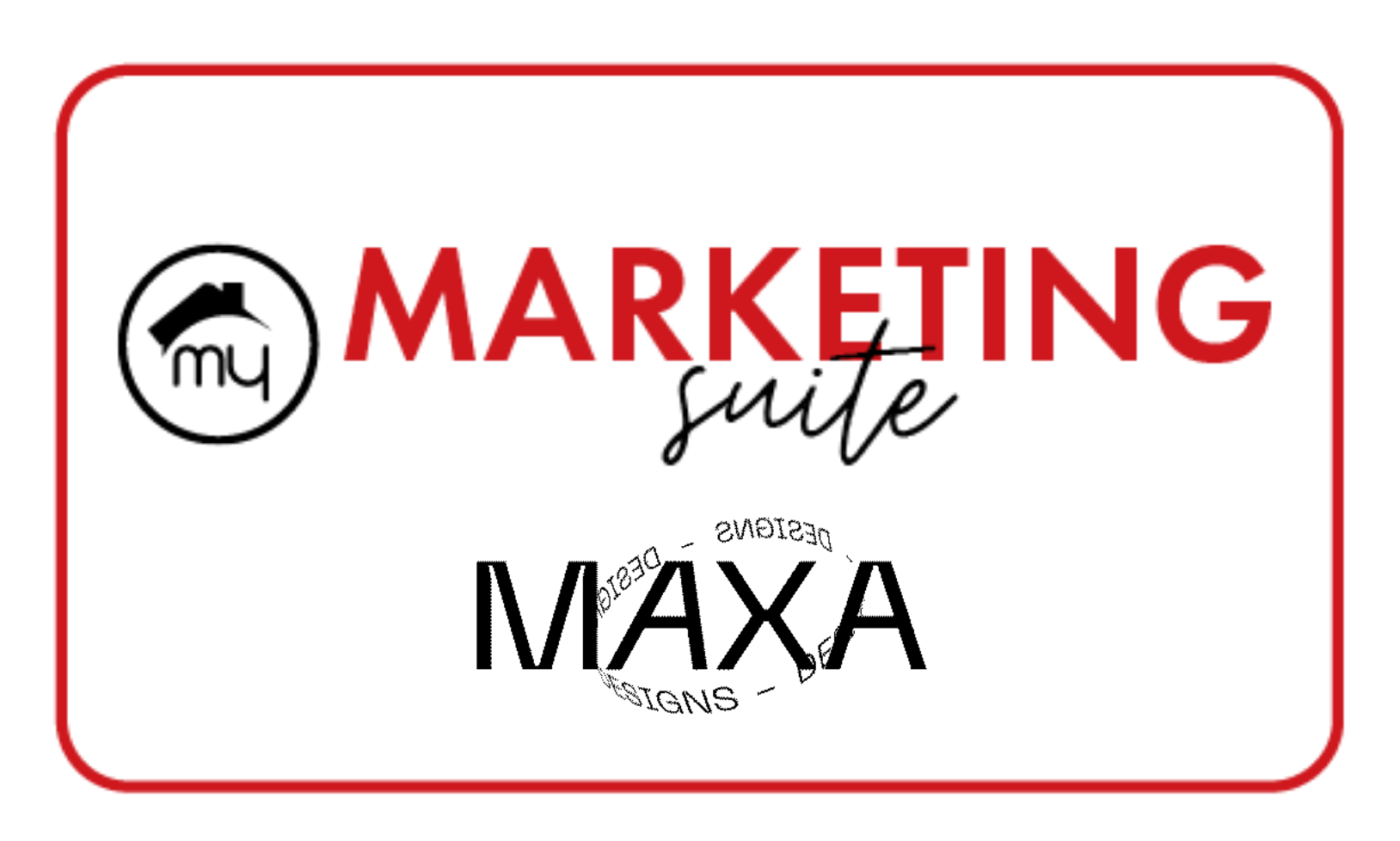 Red rounded-rectangle border on a black background with the bold red word MARKETING centered inside.