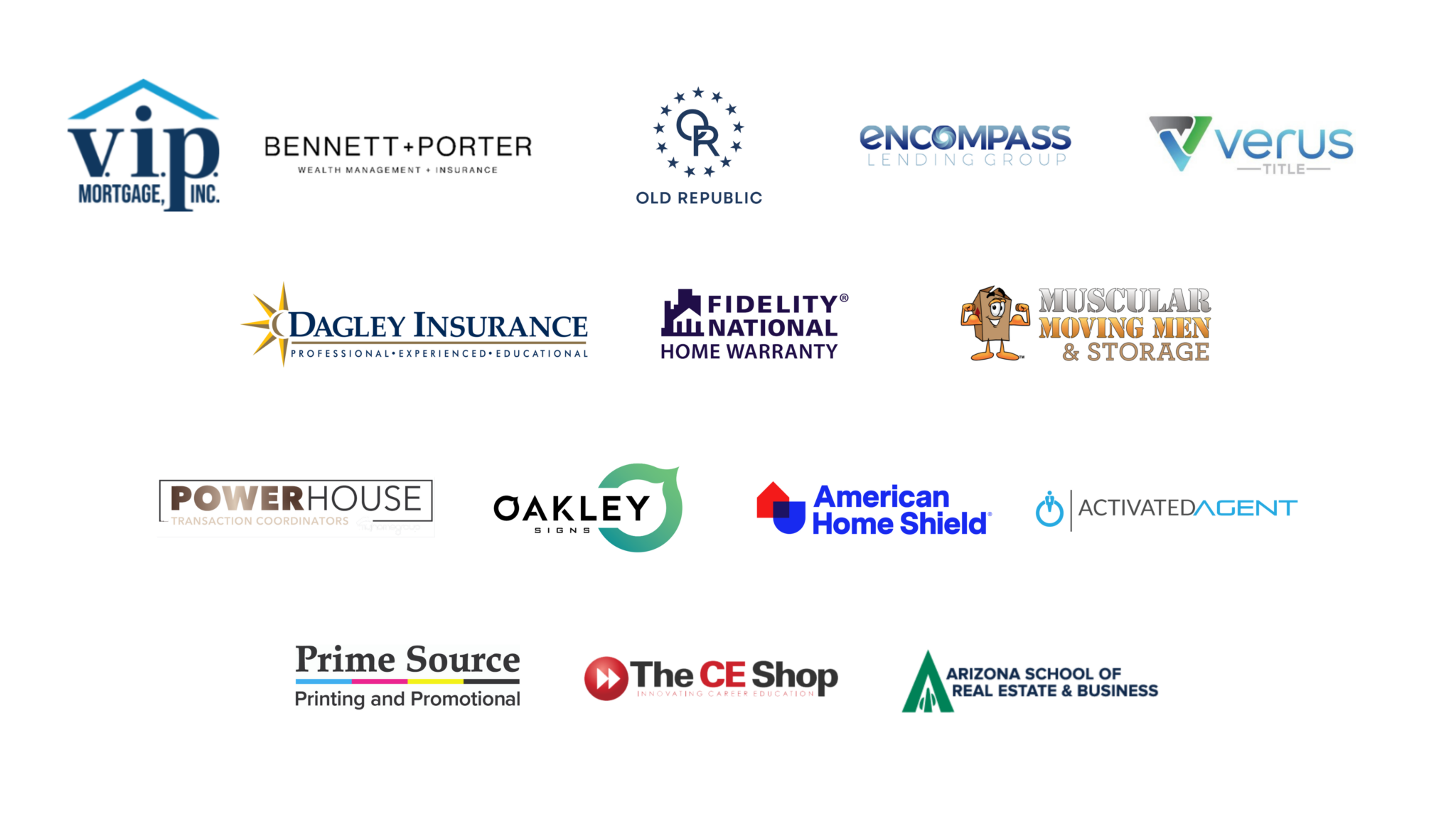 Collage of multiple company logos including VIP Mortgage, Bennett+Porter, Old Republic, Encompass Lending, Verus Title, Dagley Insurance, Fidelity National, Muscular Moving Men & Storage.